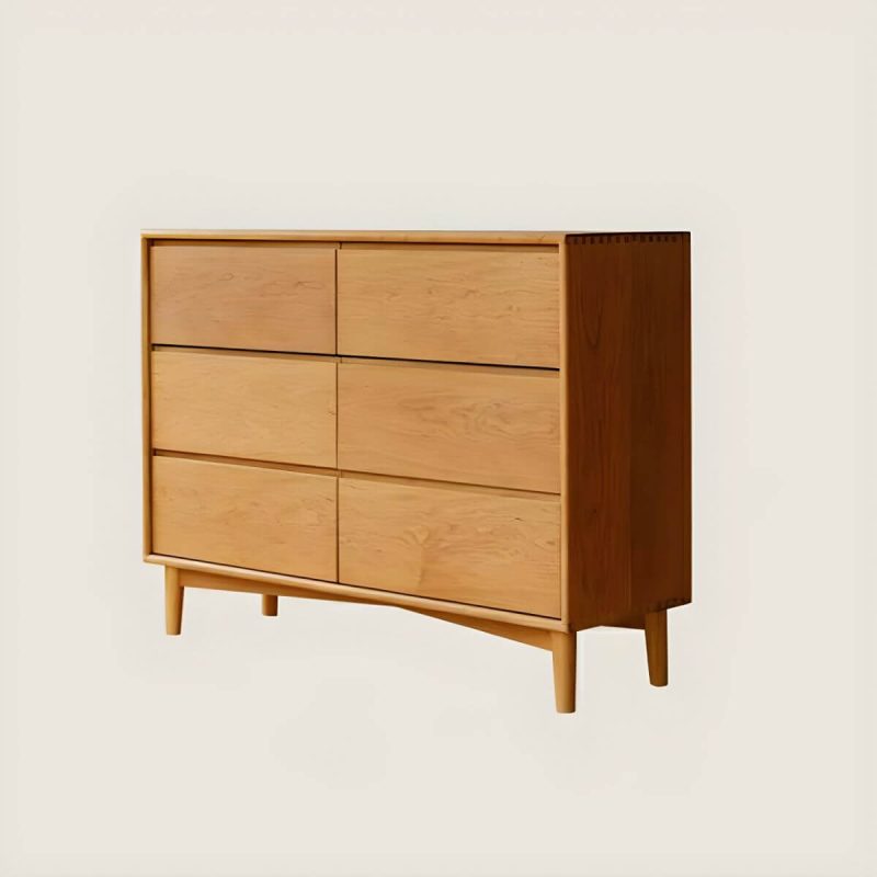 "Cherry Wood Horizontal Chest Modern Brown 6 Drawers Included for Home - Natural Finish"
