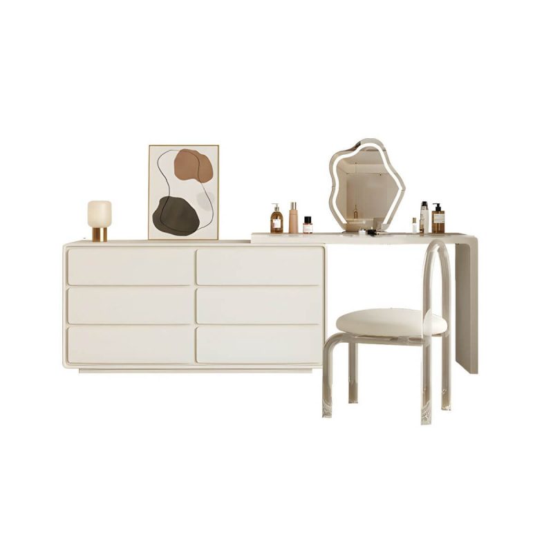 "Modern Solid Wood Storage Makeup Vanity with Six Drawers for Bedroom in White - Makeup Vanity & Mirror & Stools 47.2"L x 15.7"W x 28.1"H"