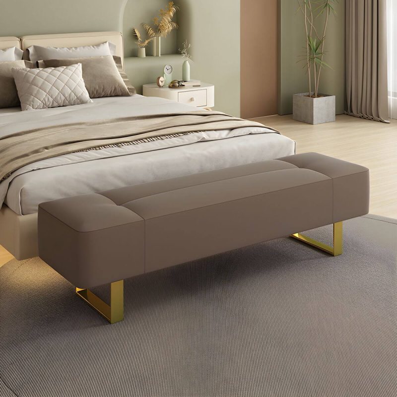 "Armless Backless Modern Solid Color Bedroom Bench Upholstered in Hardwearing Sponge with Metal Legs - 59"L x 19.5"W x 17"H Milk Cocoa"