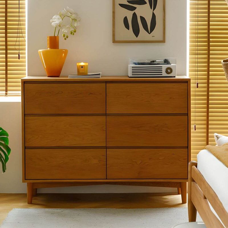 "Cherry Wood Horizontal Chest Modern Brown 6 Drawers Included for Home - Natural Finish"