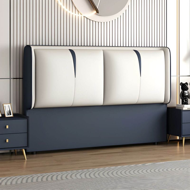 "Light Wood Upholstered Wingback Headboard with Pine Frame and Solid Wood Feature - 59" Tech Cloth Sapphire Blue/ Beige"