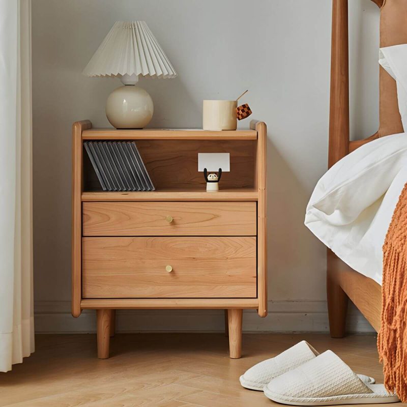 "Compact Scandinavia Nightstand with Drawers and Open Storage in Brown Wood - 1 Piece 35 x 40 x 55 cm"