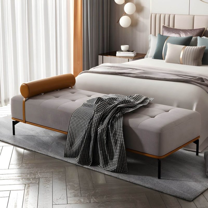 "Tufted Upholstered Modern Bedroom Bench with Rolled Pillow and Wood Frame - Silver Gray"