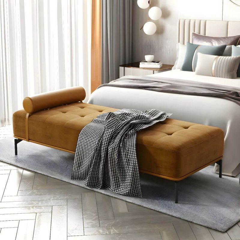 "Tufted Upholstered Modern Bedroom Bench with Rolled Pillow and Wood Frame - Yellow"