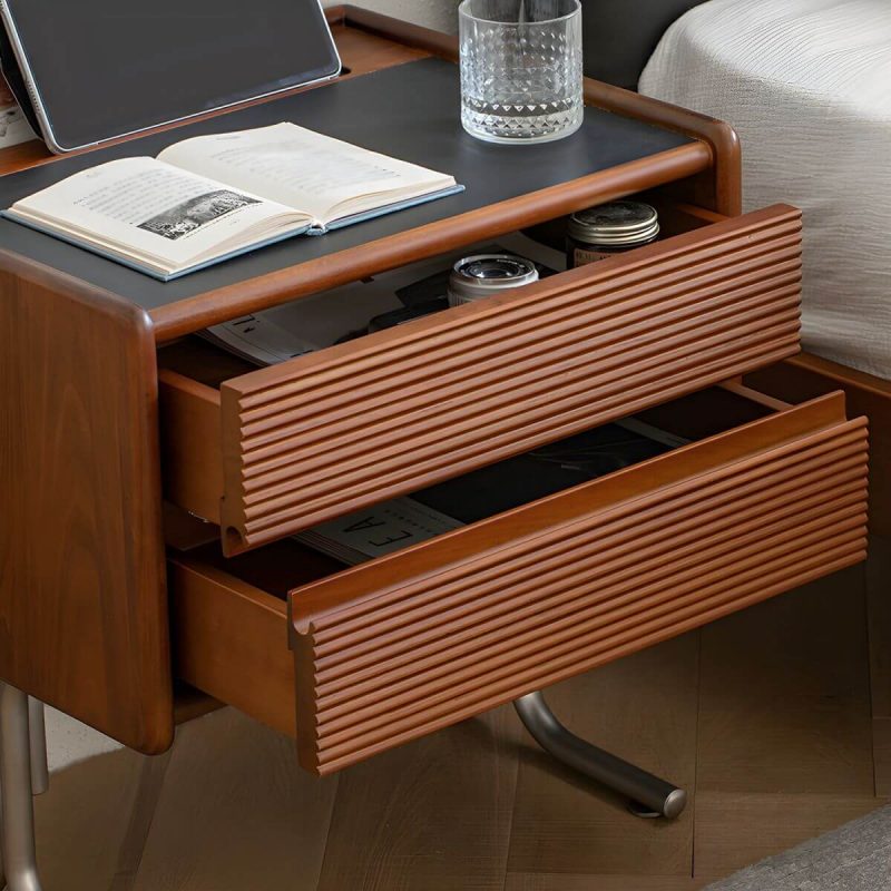 "Elegant Brown Wood Nightstand with Drawer Storage and Stone Countertop - 1 Piece"