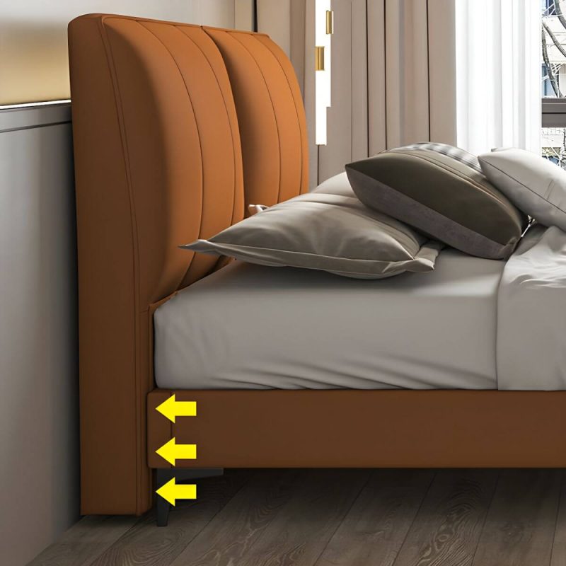 "Light Wood Upholstered Panel Modern Headboard with Orange Leather Upholstery and Solid Wood Legs - 59""