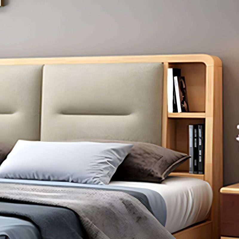 "Scandinavian Solid Wood Storage with Rectangular Headboard Bed Frame - Queen Bed & Mattress"