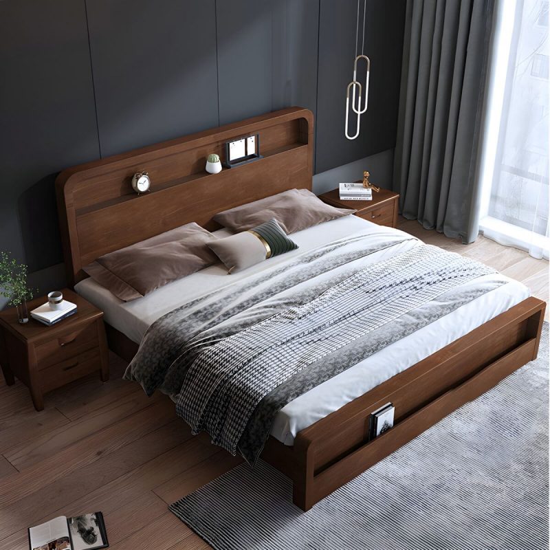 "Nordic Style Solid Wood Upholstered Headboard Wood/white/walnut Bed - Walnut Full XL Single Bed Unavailable"