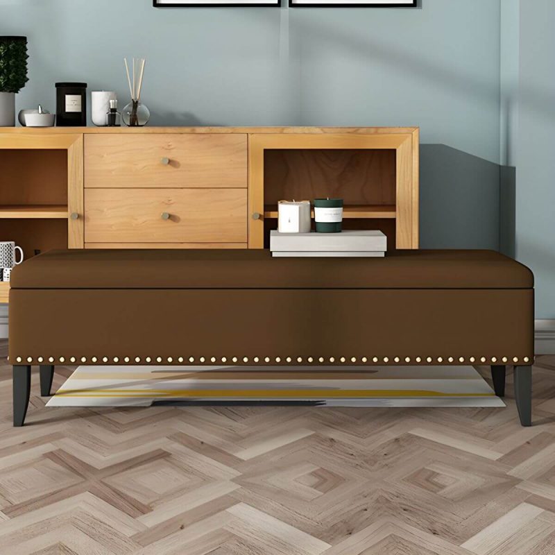 "Upholstered Bedroom Bench with Nailhead Trim - Modern Flip Top Design, 150cm Long - Light Blue"