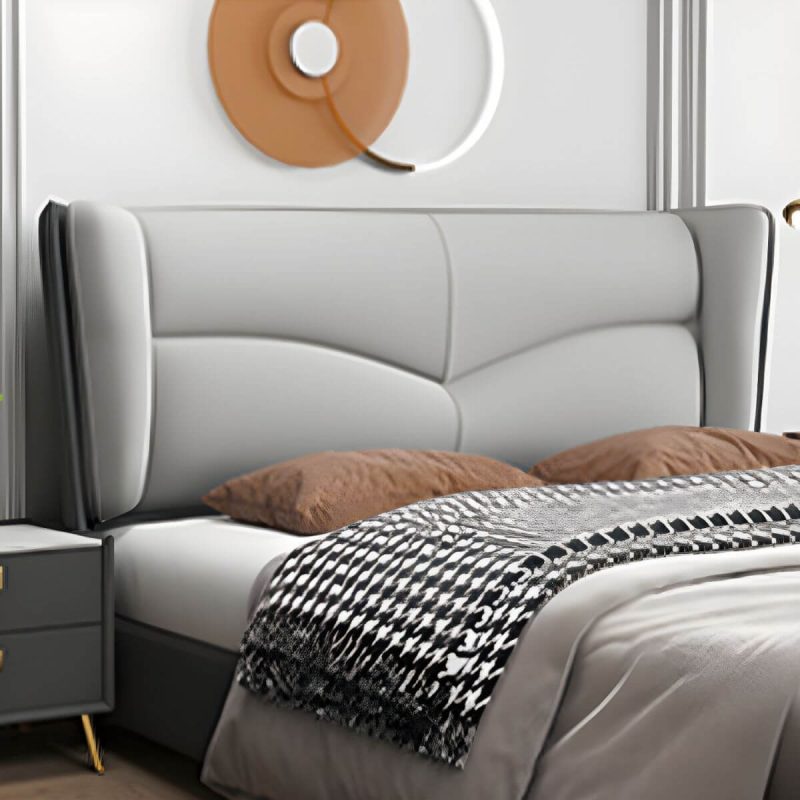 "Modern Rectangular Wingback Headboard Bed with Leather Upholstery and Solid Wood Frame - Orange/ White 71""