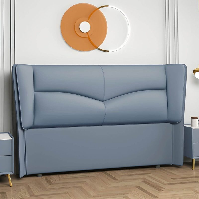 "Modern Rectangular Wingback Headboard Bed with Leather Upholstery and Solid Wood Frame - Blue 59""