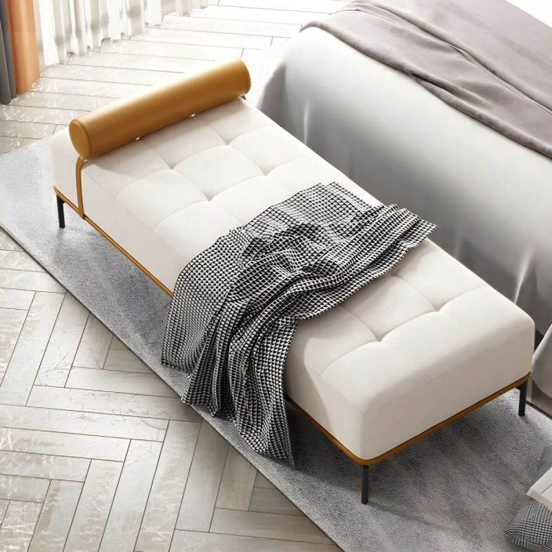 "Tufted Upholstered Modern Bedroom Bench with Rolled Pillow and Wood Frame - Off-White"