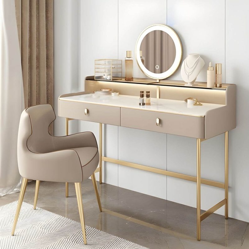 "Modern Standard Dressing Table Chalk Metal with Mirror Lights, Makeup Vanity & Mirror, 47"L x 18"W x 36"H"