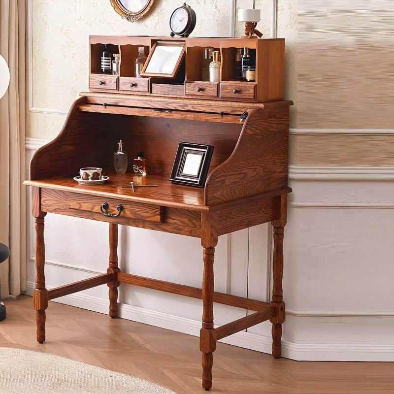 "Solid Wood Traditional Style Dressing Table Dustproof with Partition and Drawer - Nut-Brown 41"L x 24"W x 44"H"