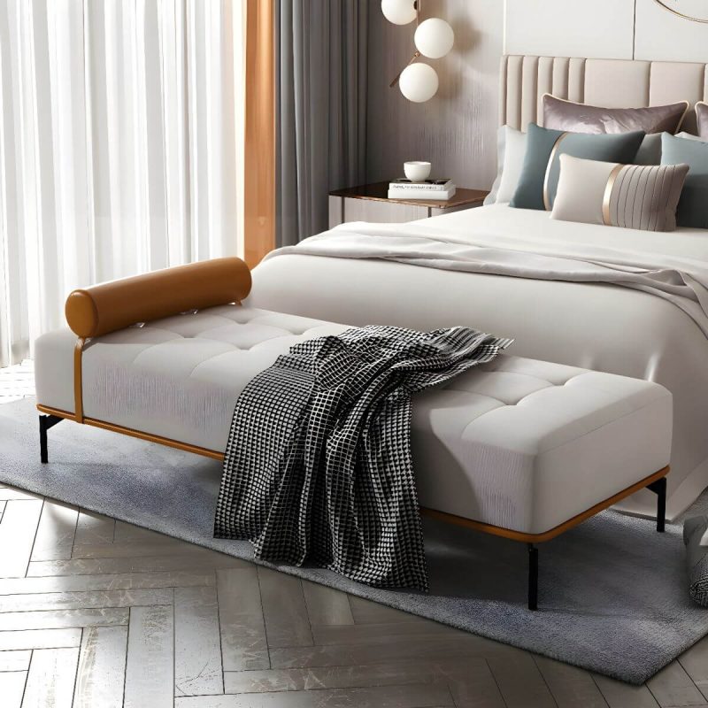 "Tufted Upholstered Modern Bedroom Bench with Rolled Pillow and Wood Frame - Cream Gray"
