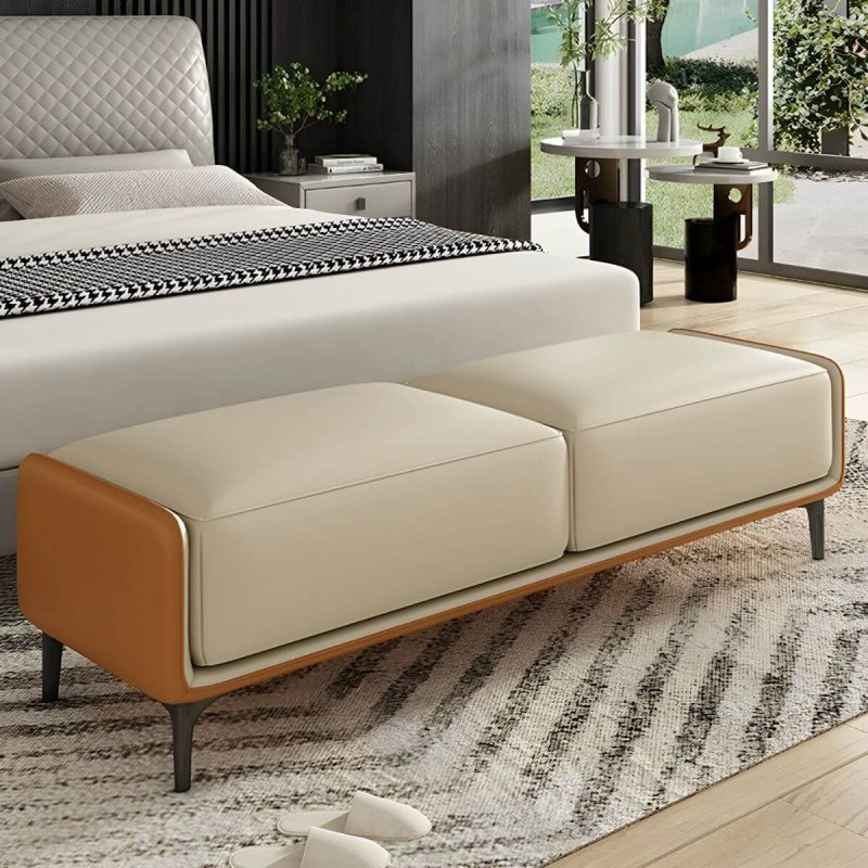 "Armless Backless Upholstered Bedroom Bench in Modern Wood Design Short - Oyster Grey/ Orange 47"L x 20"W x 17"H"