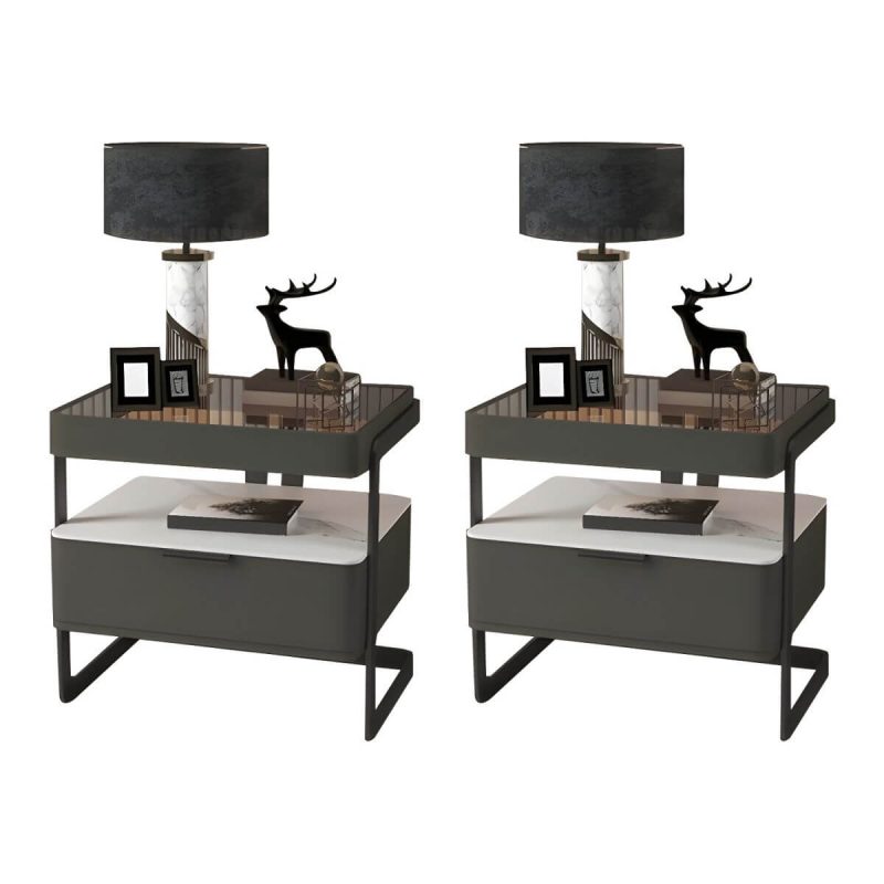 "Modern Wood Nightstand with Glass Countertop and Open Storage - Blackish Green 48 x 40 x 51 cm 2 Piece Set"