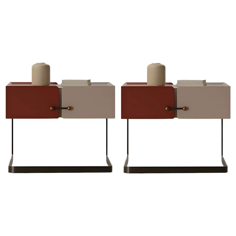 "Red Modern Wood Nightstand with Single Drawer and Legs for Bedroom - 2 Piece Set"