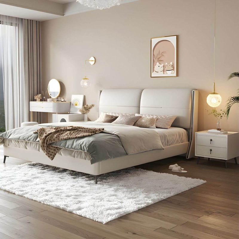 "Modern Wood Panel Bed Beige Genuine Leather Standard Bed with Upholstered Headboard - Full Bed & Mattress Cotton"