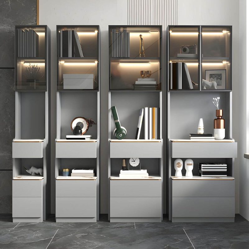"Modern Grey Wood Nightstand with 3 Drawers in Gray Wood Tone - With Light 1 Piece With Backboard 40 x 40 x 180 cm"