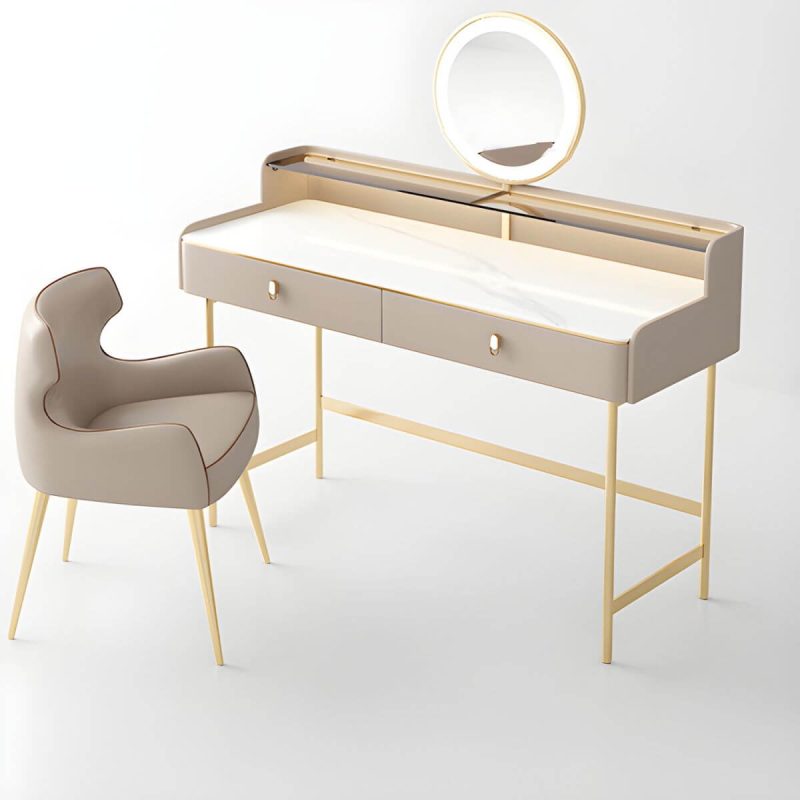 "Minimalist Standard Dressing Table Metal with Light Up and Gray Chair, Makeup Vanity & Mirror & Stools, 47"L x 18"W x 36"H"