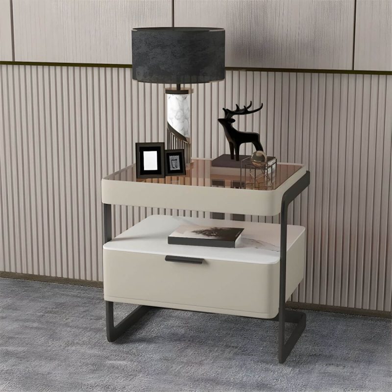 "Modern Wood Nightstand with Glass Countertop and Open Storage - Light Gray 40 x 40 x 51 cm 1 Piece"