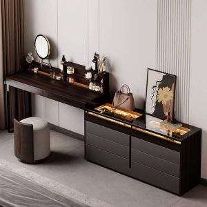 "Large Timber Vanity Set with 6 Drawers, Lighting System & Mirror Lights, Oatmeal Seat Included, Makeup Vanity (47") & Dresser (47") & Stool & Mirror"