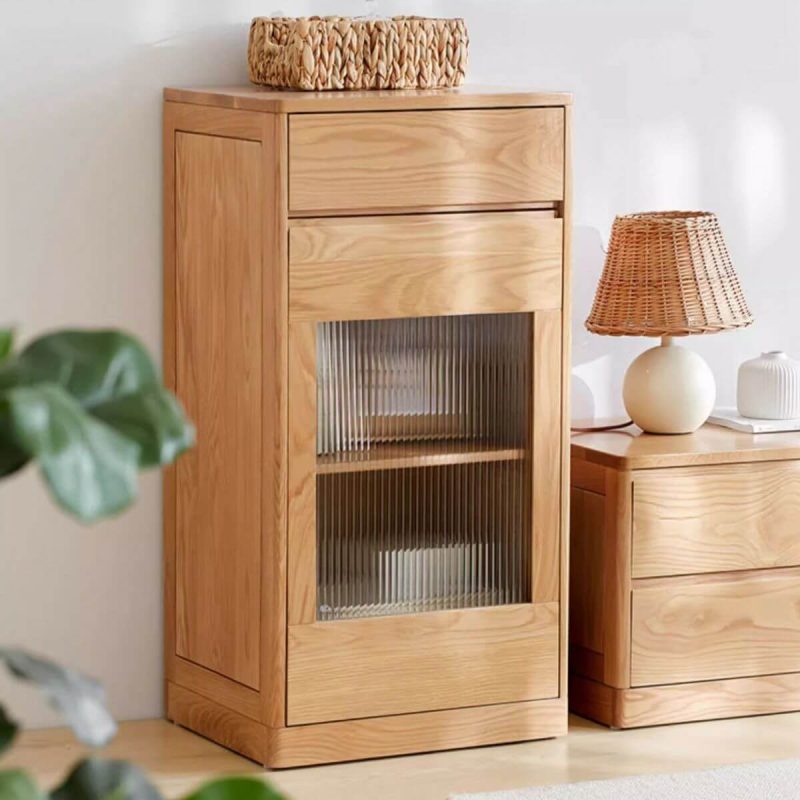 "Contemporary Natural Solid Wood Drawer Rationalize Storage Nightstand with Glass Cabinet Doors - 19.7"L x 15.7"W x 38.6"H"