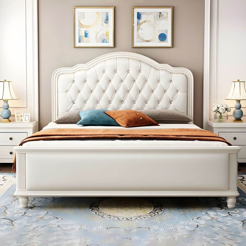 "Light Wood Oak Panel Headboard with Upholstered Leather and Nailhead Trim - Modern Style - 59" Beige/ Gray"