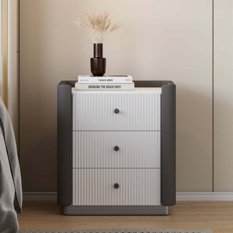 "Modern 3-Drawer Nightstand with Sintered Stone Top & USB Port"