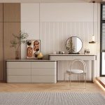 "Beige 2-in-1 Scalable Makeup Vanity with Push-Pull Functionality, Makeup Vanity (47") & Dresser (51")"