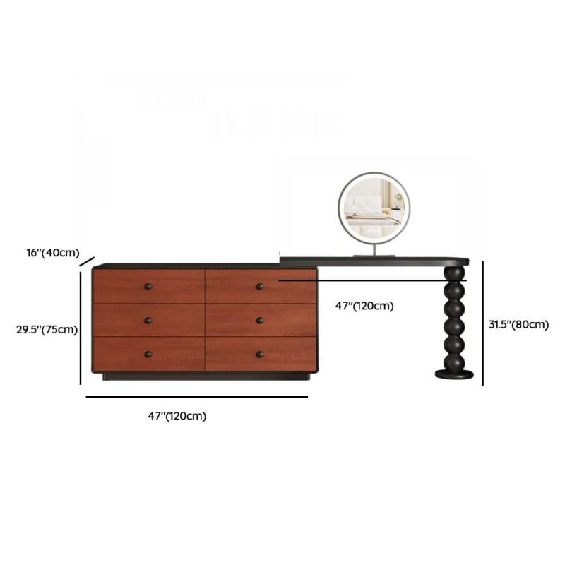 "Dimension of Ink Seating Vanity Set with Desk, Large Size, Standing Mirror, Timber Table Top, and Modish Style, Makeup Vanity (47") & Dresser (47") & Mirror"