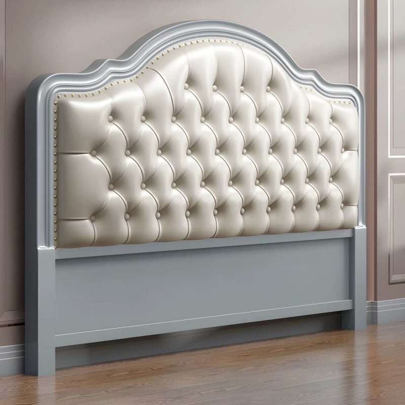 "Light Wood Oak Panel Headboard with Upholstered Leather and Nailhead Trim - Modern Style - 59" Gray/ Beige"