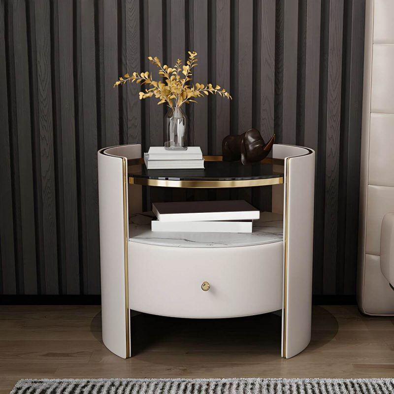 "Glam Glass Top Nightstand Open Storage 20 Inch H 1-Drawer Night Table - Off-White"