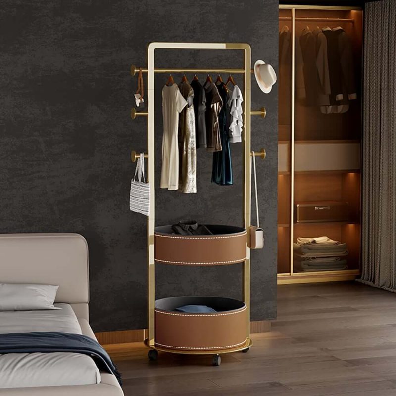 "Coat Rack Stand with 2 Trays Saddle Leather Hall Tree"