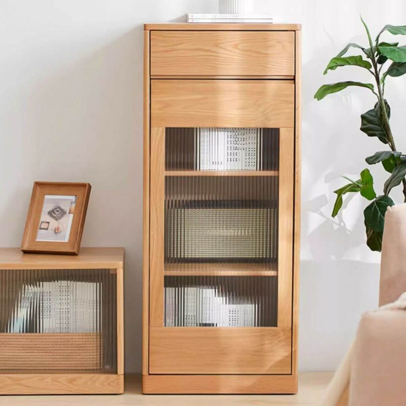 "Contemporary Natural Solid Wood Drawer Rationalize Storage Nightstand with Glass Cabinet Doors - 19.7"L x 15.7"W x 46.5"H"