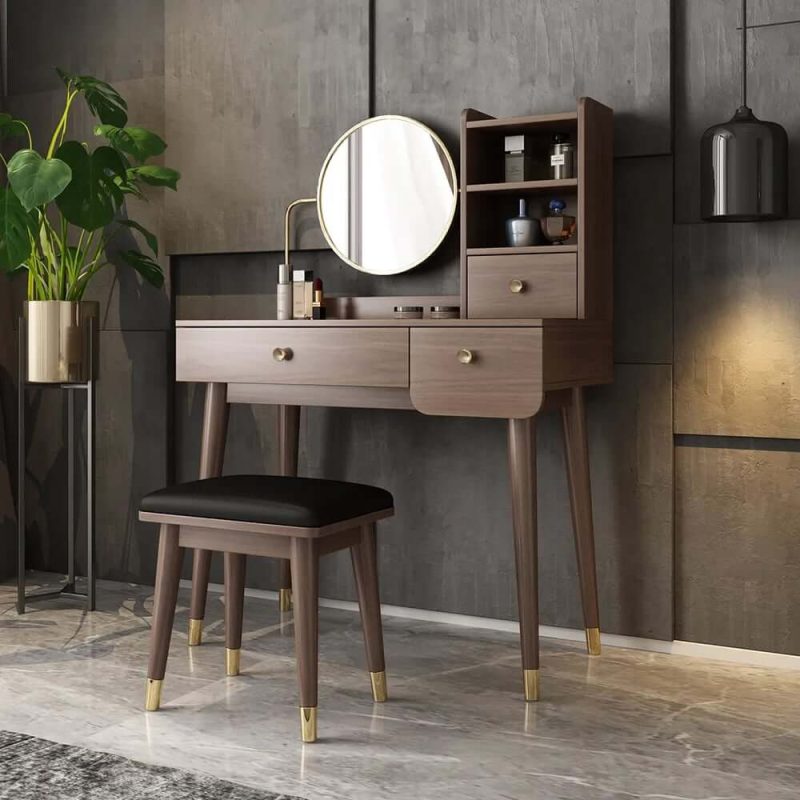 "Ultic 2 Pieces Minimalist Makeup Vanity Set in Walnut with Mirror & Stool"