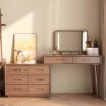 "Standard 5 Drawers Composite Wood Vanity Set, Tan Chair with Upholstered, Mirror Lights, Makeup Vanity & Stool"