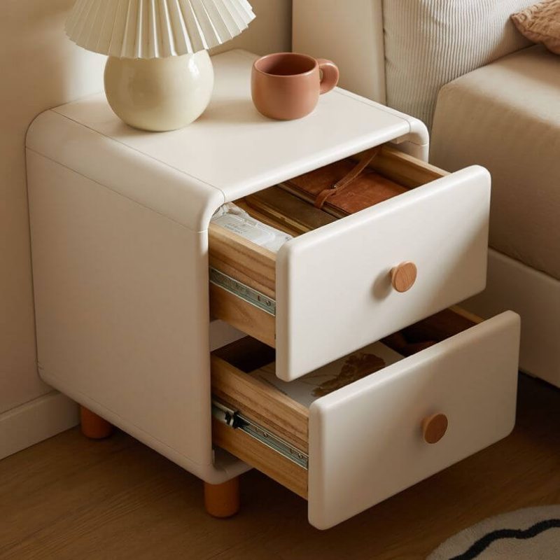 "2 Drawers Contemporary Timber Nightstand With Drawer Organization & Leg, Warm White"
