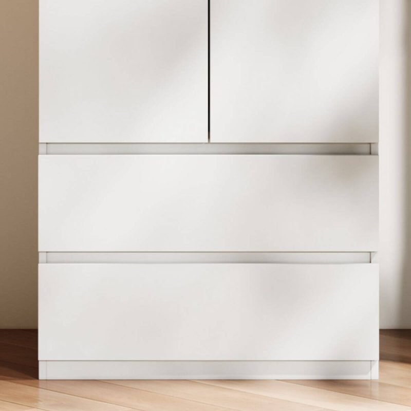 "Sleek Unfixed White Wood Wardrobe Closet with Hinged Doors, Soft Close Drawers, and Interior Shelves, 71"L x 24"W x 79"H"