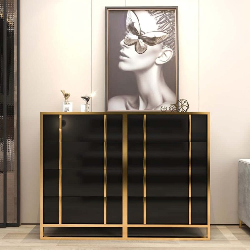 "Rimh Modern Black & Gold Wooden Chest of 4 Drawers with Stainless Steel Legs"