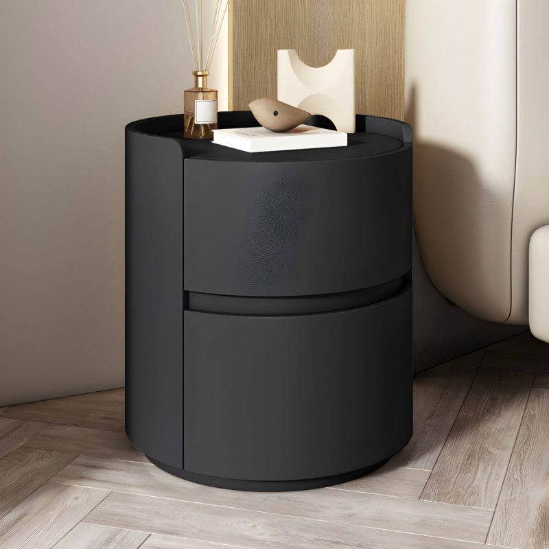 "Modern Faux Leather Round Nightstand with 2 Drawers, Light Wood Tone - Black 1 Piece 18"L x 18"W x 20"H"