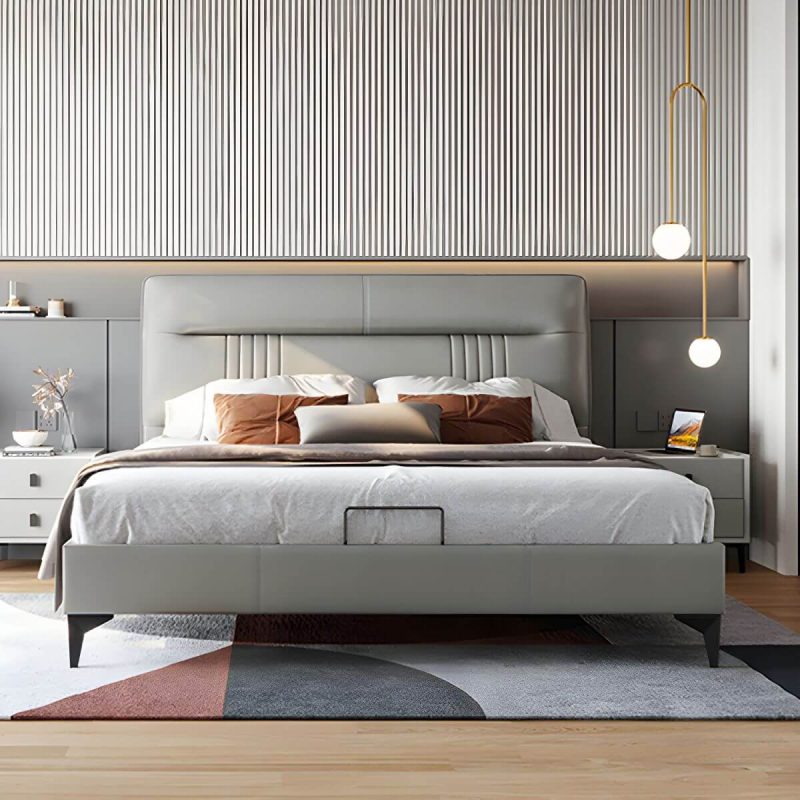 "Contemporary Standard Bed with Black Legs and Genuine Leather Panel Headboard - Blue Panel 71"W x 79"L Bed & Mattress"