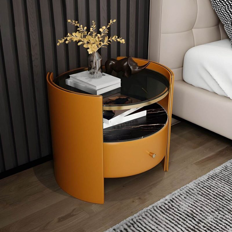 "1-Drawer Glass Top Nightstand, 19.69" Tall 1-Shelf Leather Night Stand - Black Orange"