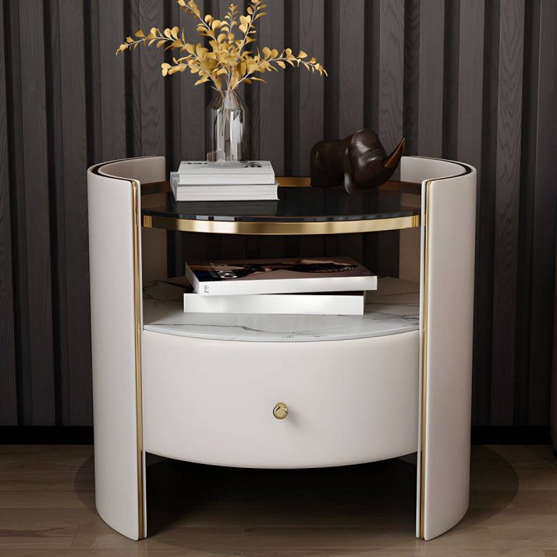 "1-Drawer Glass Top Nightstand, 19.69" Tall 1-Shelf Leather Night Stand - Black Orange"