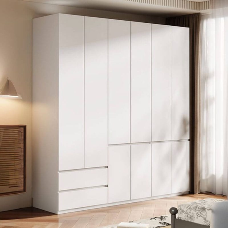 "Sleek Unfixed White Wood Wardrobe Closet with Hinged Doors, Soft Close Drawers, and Interior Shelves, 79"L x 24"W x 79"H"