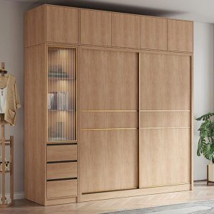 "Natural Color Independent Wardrobe Closet with Soft Close Drawer, Soft Close Door, Manufactured Wood, Interior Shelves, and Clothing Rod, 47"L x 24"W x 102"H, Armoire with Top Cabinet"