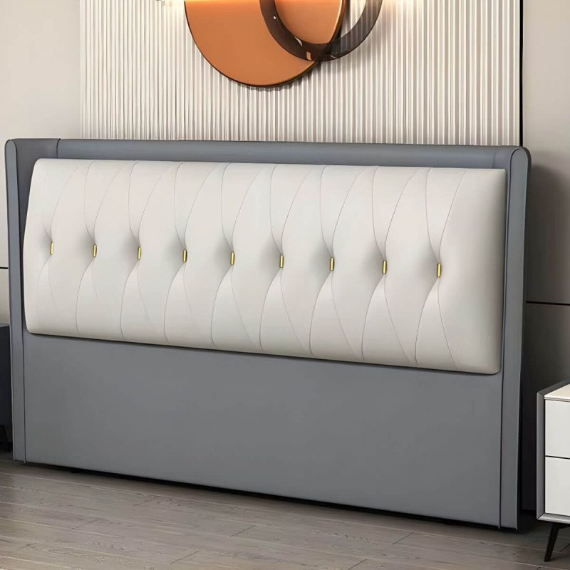 "Contemporary Headboard Bed with Tufted Leather Upholstery in Rectangular - Grey 79""