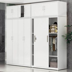 "Minimalist White Alloy Wardrobe Closet with Soft Close Door, Interior Shelves, and Clothing Rod, Double Sided Doors, Armoire, 87"L x 23"W x 78"H"