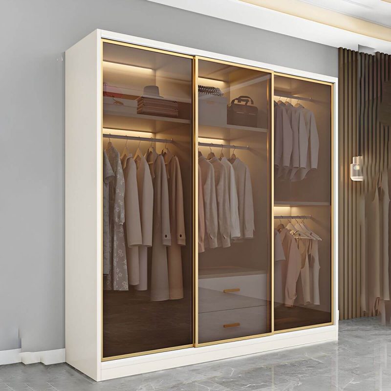 "Modern White Wood Frame Wardrobe Freestanding Wardrobe with Sliding Glass Doors - Armoire 79"L x 22"W x 79"H"